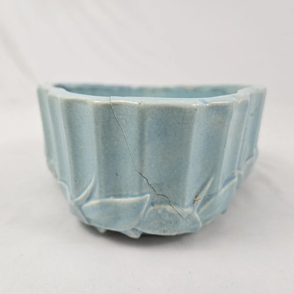 Vintage McCoy Pottery Jardinière Planter Aqua Blue Turquoise Bamboo Leaves 1940 - Picture 8 of 14